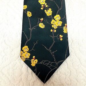 Vintage Woodwards Quo Vadis retro polyester tie, grey yellow, cherry blossoms